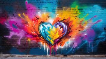 generativo ai, colorato cuore come graffiti amore simbolo su il parete, strada arte. fuso dipingere. foto