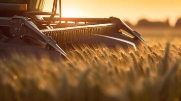 generativo ai, avvicinamento moderno combinare mietitore su un' Grano campo, azienda agricola paesaggio, agricolo bellissimo campagna. natura illustrazione, fotorealistico orizzontale striscione. foto