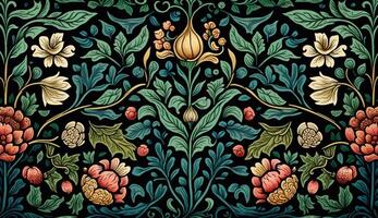 generativo ai, floreale colorato modello. William morris ispirato naturale impianti e fiori sfondo, Vintage ▾ illustrazione. fogliame ornamento. foto