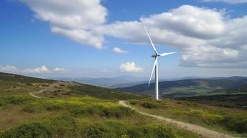 generativo ai, vento turbine nel un' campo, verde azienda agricola paesaggio. l'ambiente eco-friendly energia generazione. rinnovabile energia fonte. foto