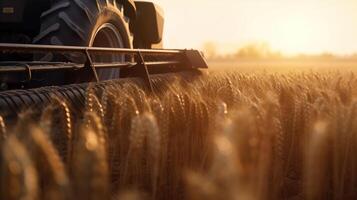 generativo ai, avvicinamento moderno combinare mietitore su un' Grano campo, azienda agricola paesaggio, agricolo bellissimo campagna. natura illustrazione, fotorealistico orizzontale striscione. foto