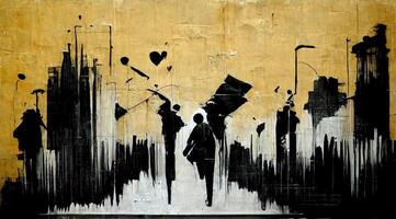 generativo ai, inchiostro nero strada graffiti arte su un' strutturato carta Vintage ▾ sfondo, ispirato di Banksy. foto