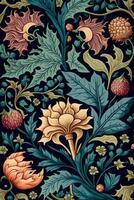 generativo ai, floreale colorato modello. William morris ispirato naturale impianti e fiori verticale sfondo, Vintage ▾ illustrazione. fogliame ornamento. foto