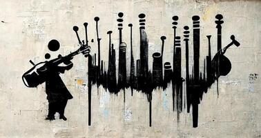 generativo ai, astratto strada arte con chiavi e musicale strumenti sagome. inchiostro colorato graffiti arte su un' strutturato carta Vintage ▾ sfondo, ispirato di Banksy foto