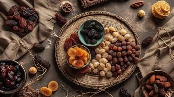 eid al-Fitr occasione concetto con dolce secco date, ordinario cose e miglioramenti su splendente fondazione. creativo risorsa, ai generato foto