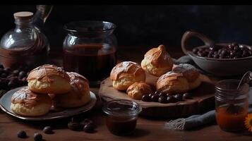 delizioso profiteroles con cioccolato differenza, crema e fragrante tè su finito tavolo. creativo risorsa, ai generato foto