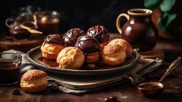 delizioso profiteroles con cioccolato differenza, crema e fragrante tè su avvolto tavolo. creativo risorsa, ai generato foto