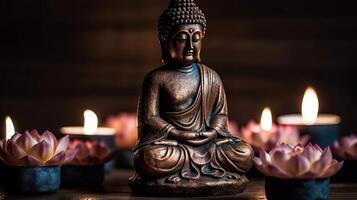 Budda statua nel riflessione con loto fiorire e ardente candele. creativo risorsa, ai generato foto