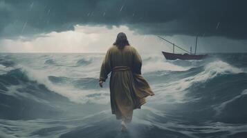Gesù passeggiate su acqua al di sopra di il oceano in direzione un' moto d'acqua interno parti il centro di un' tempesta. scritturale soggetto concetto. ai generato foto