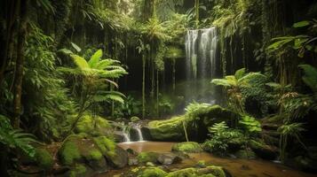 cascata nel un' tropicale selvaggio. creativo risorsa, ai generato foto