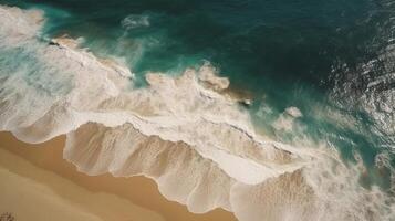 aerotrasportato vedere di sabbioso litorale con onde e chiaro mare acqua. ai generato foto