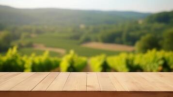 un' francese vigneto servi come il offuscato fondazione per un pulizia di legno tavolo. creativo risorsa, ai generato foto