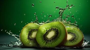 creativo organizzare fatto a partire dal tagliare di Kiwi e acqua aspersione su un' verde istituzione. creativo risorsa, ai generato foto