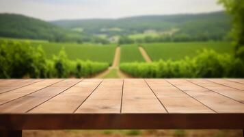 un' francese vigneto servi come il offuscato fondazione per un pulizia di legno tavolo. creativo risorsa, ai generato foto