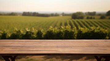 un' francese vigneto servi come il offuscato istituzione per un pulizia di legno tavolo. creativo risorsa, ai generato foto