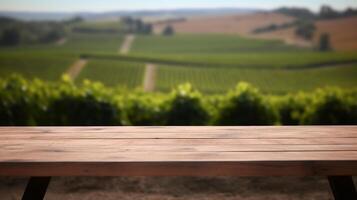 un' francese vigneto servi come il offuscato fondazione per un pulizia di legno tavolo. creativo risorsa, ai generato foto