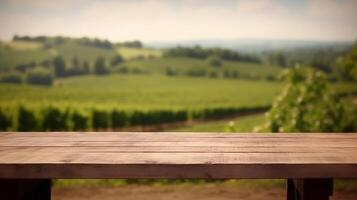 un' francese vigneto servi come il offuscato fondazione per un pulizia di legno tavolo. creativo risorsa, ai generato foto