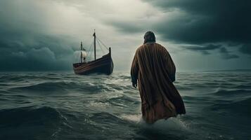 Gesù passeggiate su acqua al di sopra di il mare in direzione un' moto d'acqua interni il centro di un' tempesta. scritturale soggetto concetto. ai generato foto