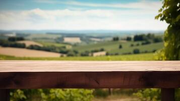 un' francese vigneto servi come il offuscato istituzione per un pulizia di legno tavolo. creativo risorsa, ai generato foto