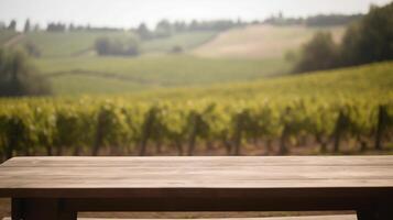 un' francese vigneto servi come il offuscato istituzione per un pulizia di legno tavolo. creativo risorsa, ai generato foto