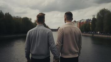 Due gay hold mani, avvicinamento su mani, offuscato bokeh fondazione. ai generato foto