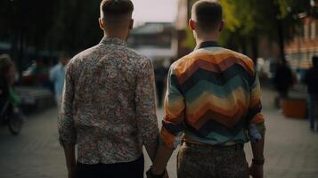Due gay hold mani, avvicinamento su mani, offuscato bokeh fondazione. ai generato foto