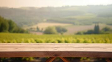 un' francese vigneto servi come il offuscato fondazione per un pulizia di legno tavolo. creativo risorsa, ai generato foto