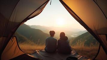 uomo e abbondante donna coppia apprezzare nel essi tenda a essi campeggio punto con mattina per inizio con leggero vedere. creativo risorsa, ai generato foto