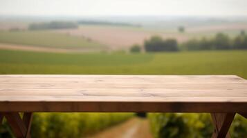 un' francese vigneto servi come il offuscato istituzione per un pulizia di legno tavolo. creativo risorsa, ai generato foto