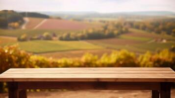 un' francese vigneto servi come il offuscato istituzione per un pulizia di legno tavolo. creativo risorsa, ai generato foto