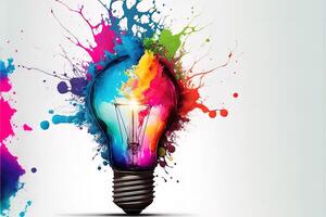 illustrazione di colorato lampadina con spruzzo di colori su bianca sfondo. creatività, euro, immaginazione, ispirazione. generativo ai. idea e soluzione concetto foto