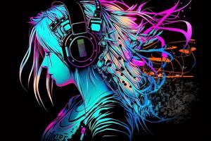 generativo ai un neon gamer anime moda ragazza o donna indossare cuffia, perso nel sua musica. astratto sfondo quello evoca il sensazione di diverso generi di musica. bandiera musica concetto foto