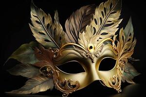 veneziano carnevale maschera. oro colore, colorato piume. contento carnevale Festival, attributi di il brasiliano carnevale. veneziano carnevale maschera e perline decorazione. mardi gras sfondo. generativo ai foto