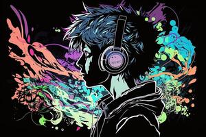 generativo ai un neon gamer anime moda ragazzo o uomo indossare cuffia, perso nel il suo musica. astratto sfondo quello evoca il sensazione di diverso generi di musica. bandiera musica concetto foto