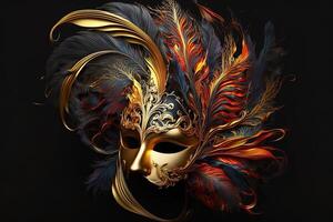 veneziano carnevale maschera. oro colore, colorato piume. contento carnevale Festival, attributi di il brasiliano carnevale. veneziano carnevale maschera e perline decorazione. mardi gras sfondo. generativo ai foto