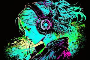 generativo ai un neon gamer anime moda ragazza o donna indossare cuffia, perso nel sua musica. astratto sfondo quello evoca il sensazione di diverso generi di musica. bandiera musica concetto foto