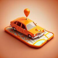 in linea mobile applicazione Taxi ordinazione servizio , arancia Taxi auto guida lungo il itinerario per il marcatore su un' inteligente Telefono, su un' città carta geografica. auto e satellitare navigazione sistemi concetto. generativo ai foto