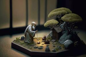 miniatura scrivania zen sandbox con monaco figura sedersi nel loto posizione, impilati zen mare pietre, Marrone elefante figurine, terme candele ardente contro buio studio sfondo, copia spazio. foto