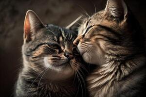 gatto amore. gatto coppia abbracciare, coccole e baciare. Due carino gatto gattini nel amore Tenere rosso cuore su san valentino giorno. generativo ai foto