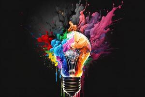 illustrazione di colorato lampadina con spruzzo di colori su nero sfondo. creatività, euro, immaginazione, ispirazione. generativo ai. idea e soluzione concetto foto