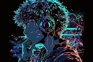 generativo ai un neon gamer anime moda ragazzo o uomo indossare cuffia, perso nel il suo musica. astratto sfondo quello evoca il sensazione di diverso generi di musica. bandiera musica concetto foto