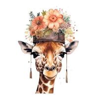 carino giraffa nel cappello con fiore. acquerello. illustrazione ai generativo foto