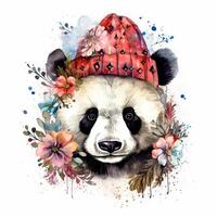 acquerello panda nel cappello con fiori. illustrazione ai generativo foto