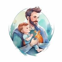 Il padre di giorno. padre con bambino acquerello. illustrazione ai generativo foto