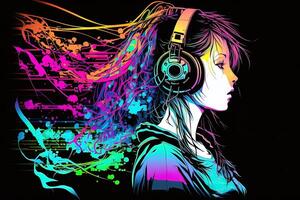 generativo ai un neon gamer anime moda ragazza o donna indossare cuffia, perso nel sua musica. astratto sfondo quello evoca il sensazione di diverso generi di musica. bandiera musica concetto foto