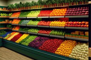 verdura contadino mercato contatore colorato vario fresco biologico salutare verdure a drogheria negozio. salutare naturale cibo concetto. generativo ai foto