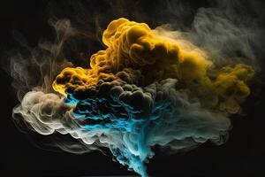 generativo ai un' colorato Fumo nube è mostrato nel Questo Immagine, esso sembra piace esso è galleggiante nel il aria e è molto buio e blu e giallo, con un' nero sfondo. foto