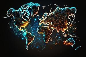 globale carta geografica di il mondo, il terra comunicazione tecnologie con Internet effetto. futuristico moderno generativo ai foto