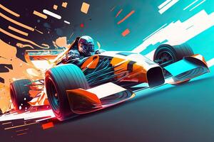 futuristico da corsa formula a veloce cavalcata per finire. inviare Prodotto generativo ai digitale illustrazione. da corsa auto nel movimento, potente accelerazione di un' auto su un' notte traccia con colorato luci e sentieri foto