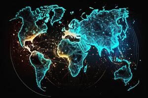 globale carta geografica di il mondo, il terra comunicazione tecnologie con Internet effetto. futuristico moderno generativo ai foto